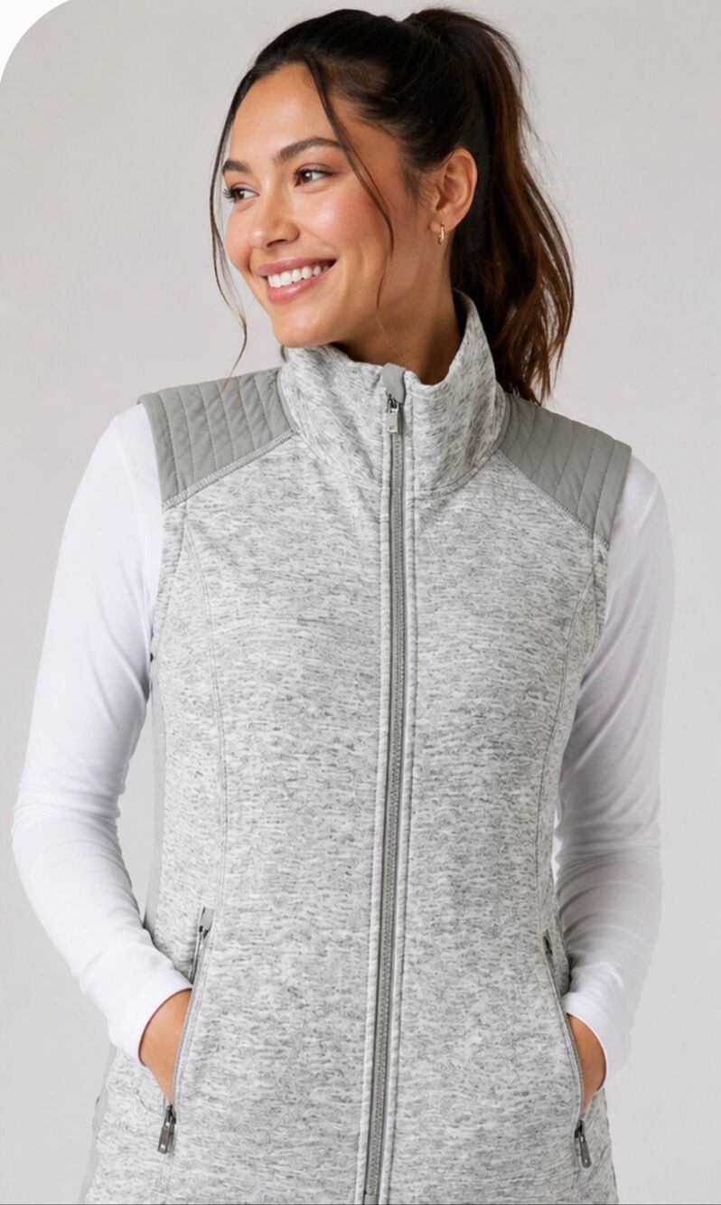 Athleta Stronger Spacedye Heathered Light Gray Sleeveless Full Zip Vest Small